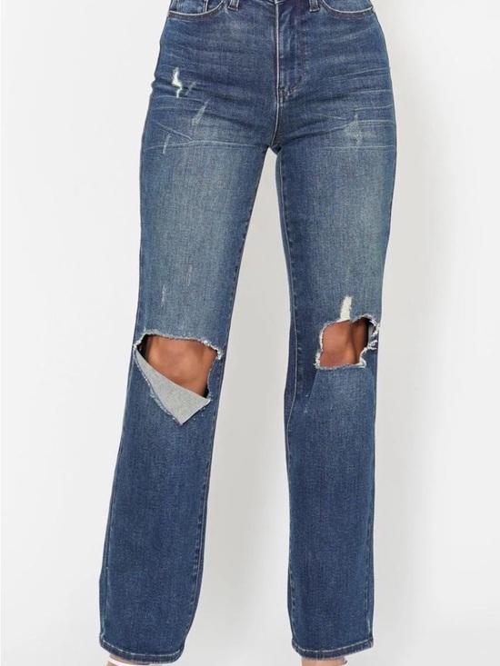 Judy Blue Pants - Judy Blue Mid-Rise Distressed “Dad” Jeans - Blue. Distressed at the knees.